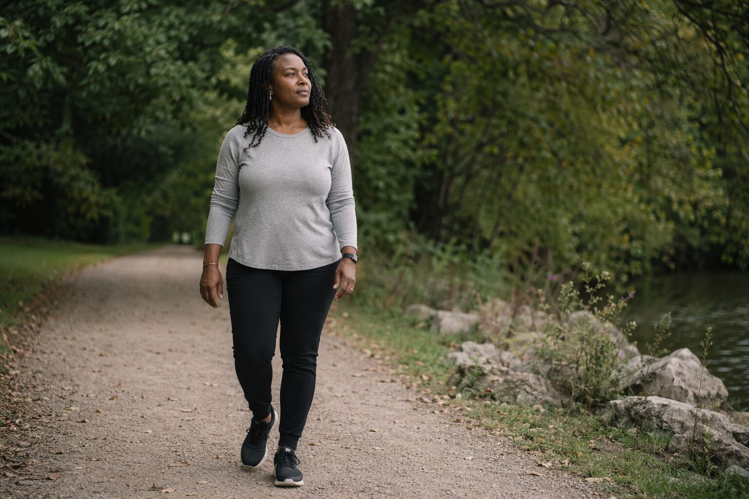 Woman walking steadily along a quiet path in nature, symbolizing resilience, endurance, and moving forward through life’s challenges