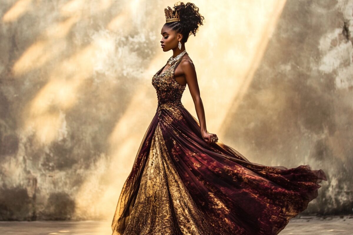 Elegant woman in a flowing gown and crown walking forward with strength and grace, symbolizing resilience and inner power