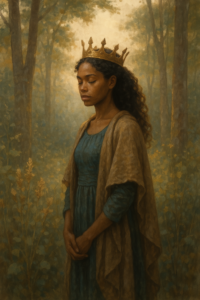 A woman walking through a glowing wilderness at sunrise, wearing a robe and crown.