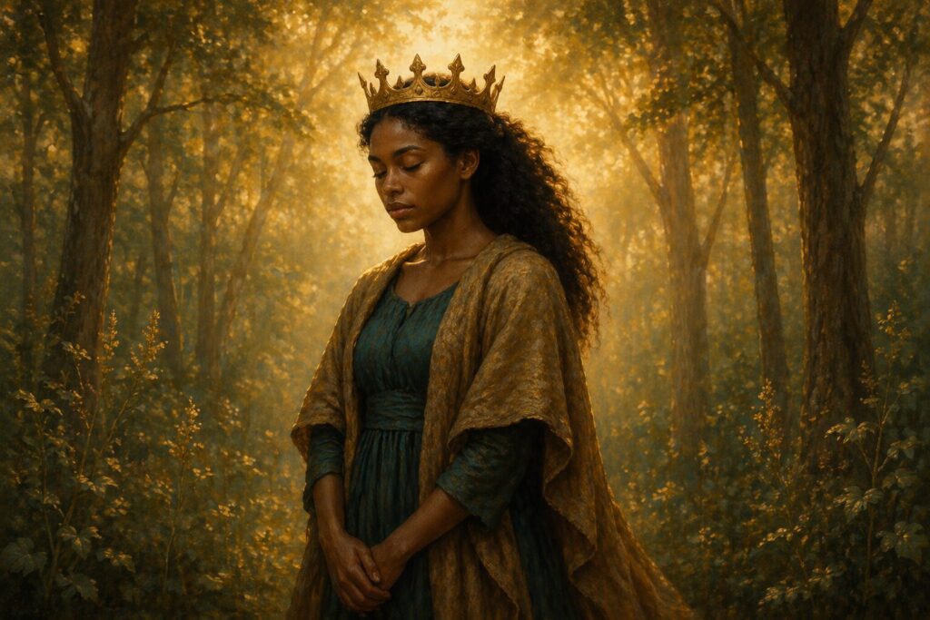 Woman wearing a crown standing quietly in a forest, symbolizing strength, refinement, and purpose in a wilderness season