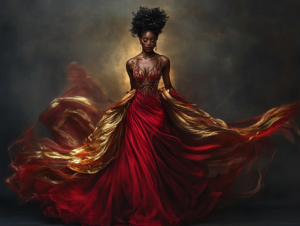 A confident woman walking forward in a flowing red and gold gown, her gaze strong and unwavering, with a radiant glow surrounding her.
