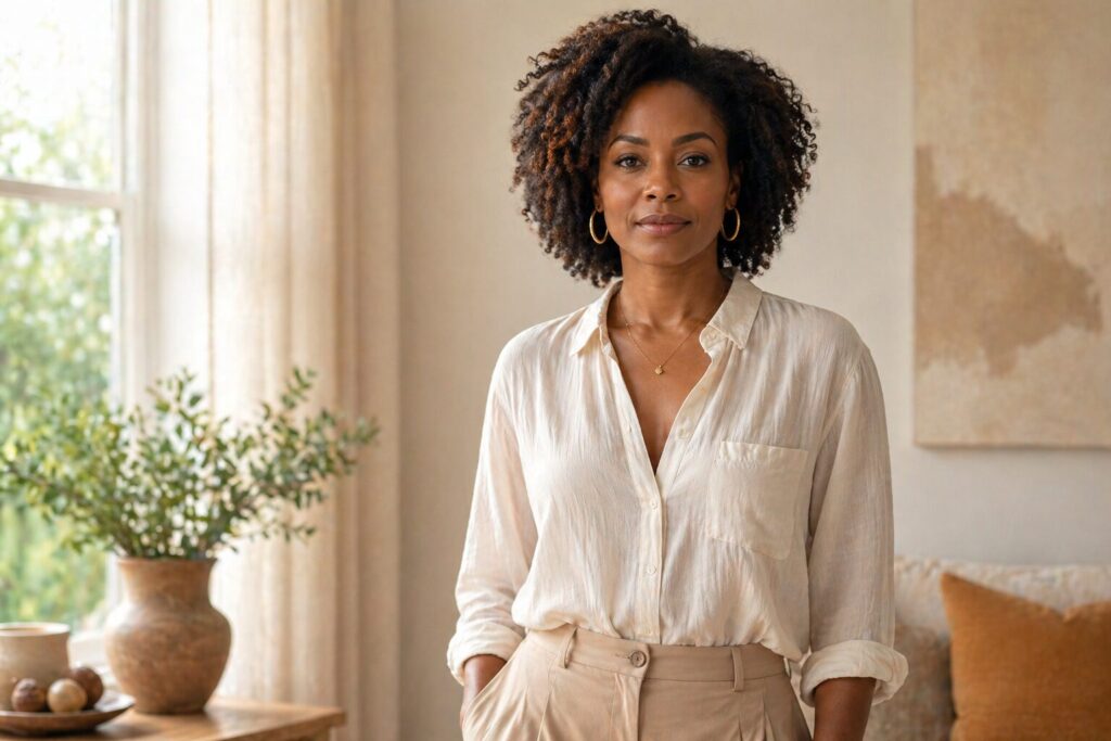 Confident woman standing in natural light at home, representing self-confidence, personal growth, and unapologetic boldness