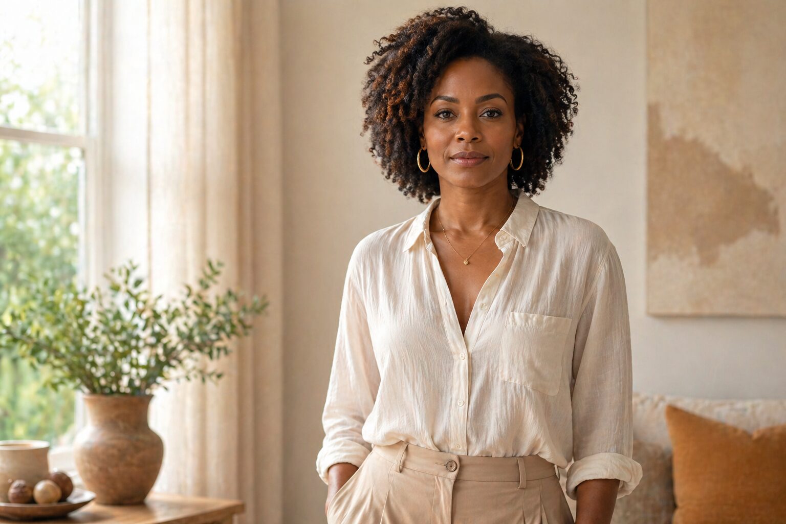 Confident woman standing in natural light at home, representing self-confidence, personal growth, and unapologetic boldness