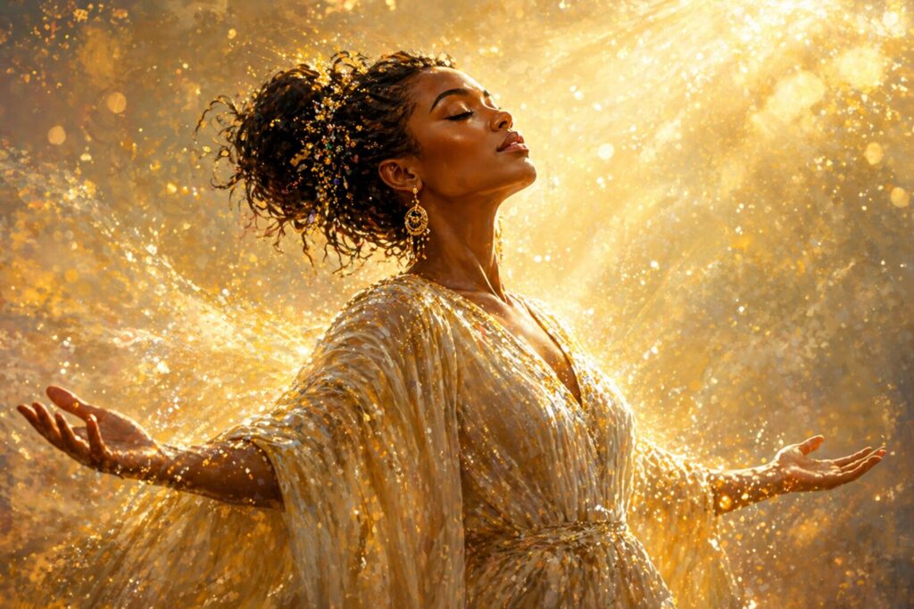 Woman surrounded by golden light with arms open, symbolizing spiritual healing, restoration, and inner renewal