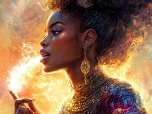 A woman speaking with radiant light flowing from her mouth, symbolizing words of empowerment.