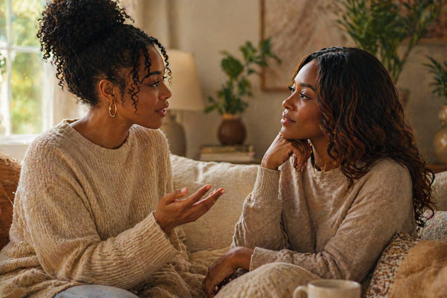 Two women sitting together in a cozy living room, engaged in a warm, supportive conversation, symbolizing encouragement, connection, and speaking life