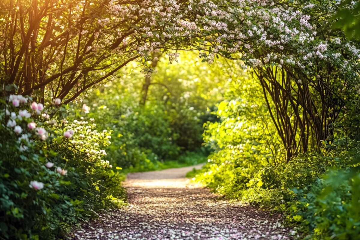 Sunlit garden path with blooming trees and soft golden morning light, symbolizing renewal and new beginnings