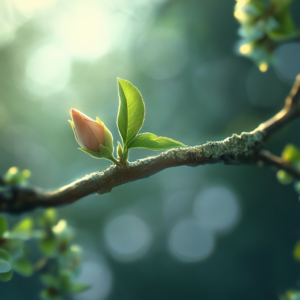 A close-up of a delicate spring bud emerging from a tree branch, surrounded by soft light and new green growth. A symbol of quiet beginnings and nature’s promise of transformation.