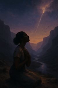A contemplative woman sits in a vast canyon, her silhouette wrapped in a long scarf, gazing toward the glowing light filtering through the cliffs—symbolizing inner echoes and spiritual reflection.