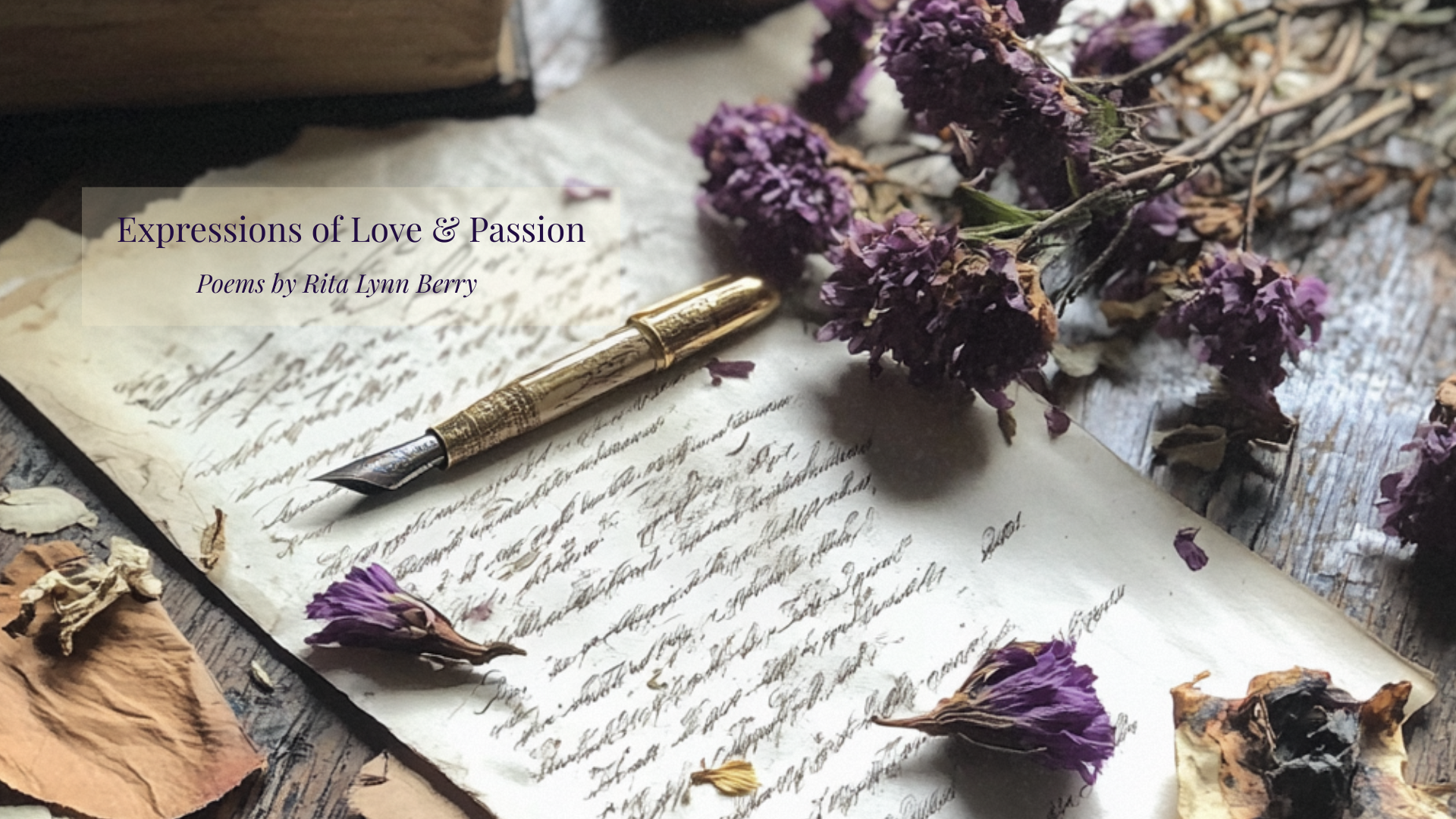 Cover image for 'Expressions of Love & Passion' featuring a vintage fountain pen, handwritten poetry, and dried lavender blooms on aged paper. Poetic, nostalgic, and romantic in tone.