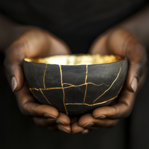 A cracked ceramic bowl held gently in a woman’s hands, repaired with gold using the kintsugi method, symbolizing healing and beauty in brokenness