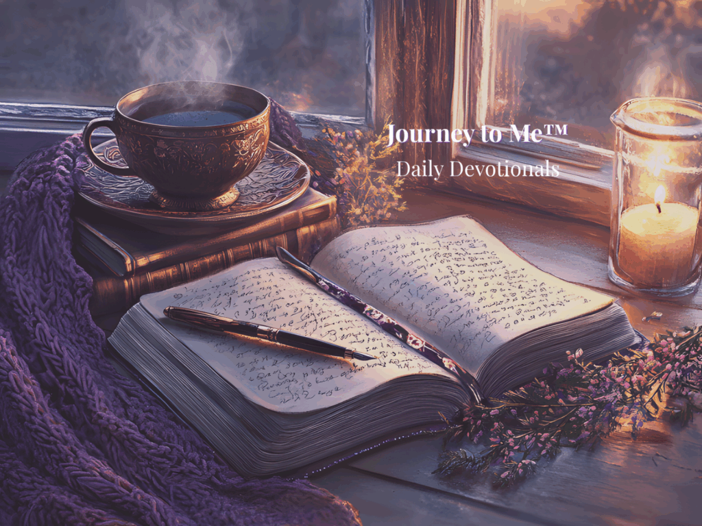 Journey to Me™ Daily Devotionals – Open journal, candlelight, and coffee inviting soulful reflection.