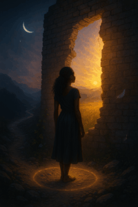 A Black woman stands in stillness facing a tall, partially crumbling brick wall at dawn. Morning light spills through the cracks, hinting at golden meadows beyond. Behind her, a shadowed winding path fades into memory. The sky above her glows with the transition from night to sunrise, symbolizing healing, choice, and a return to self.