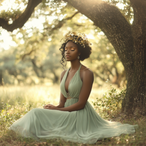 A crown of soft golden leaves resting gently on a woman's head as she sits in quiet reflection