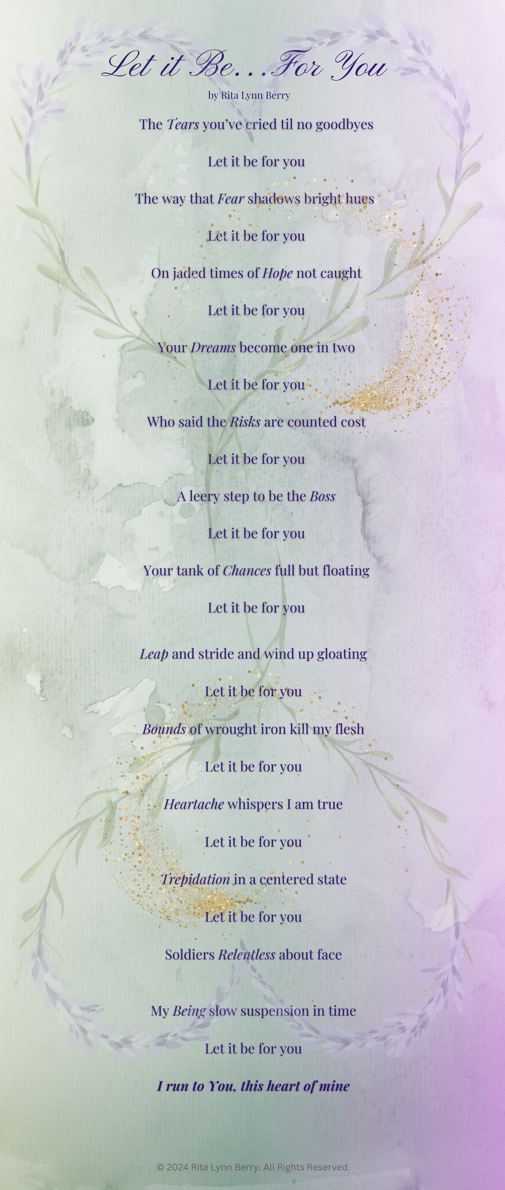 A long format poem titled "Let it Be…for You" by Rita Lynn Berry, featuring soft lavender watercolor accents and botanical details.