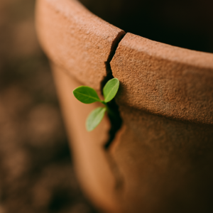 Cracked clay pot with green leaves growing from inside, symbolizing growth through brokenness and renewal.