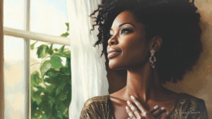 Woman gently holding her heart, standing by a window, symbolizing self-nurture and grace.