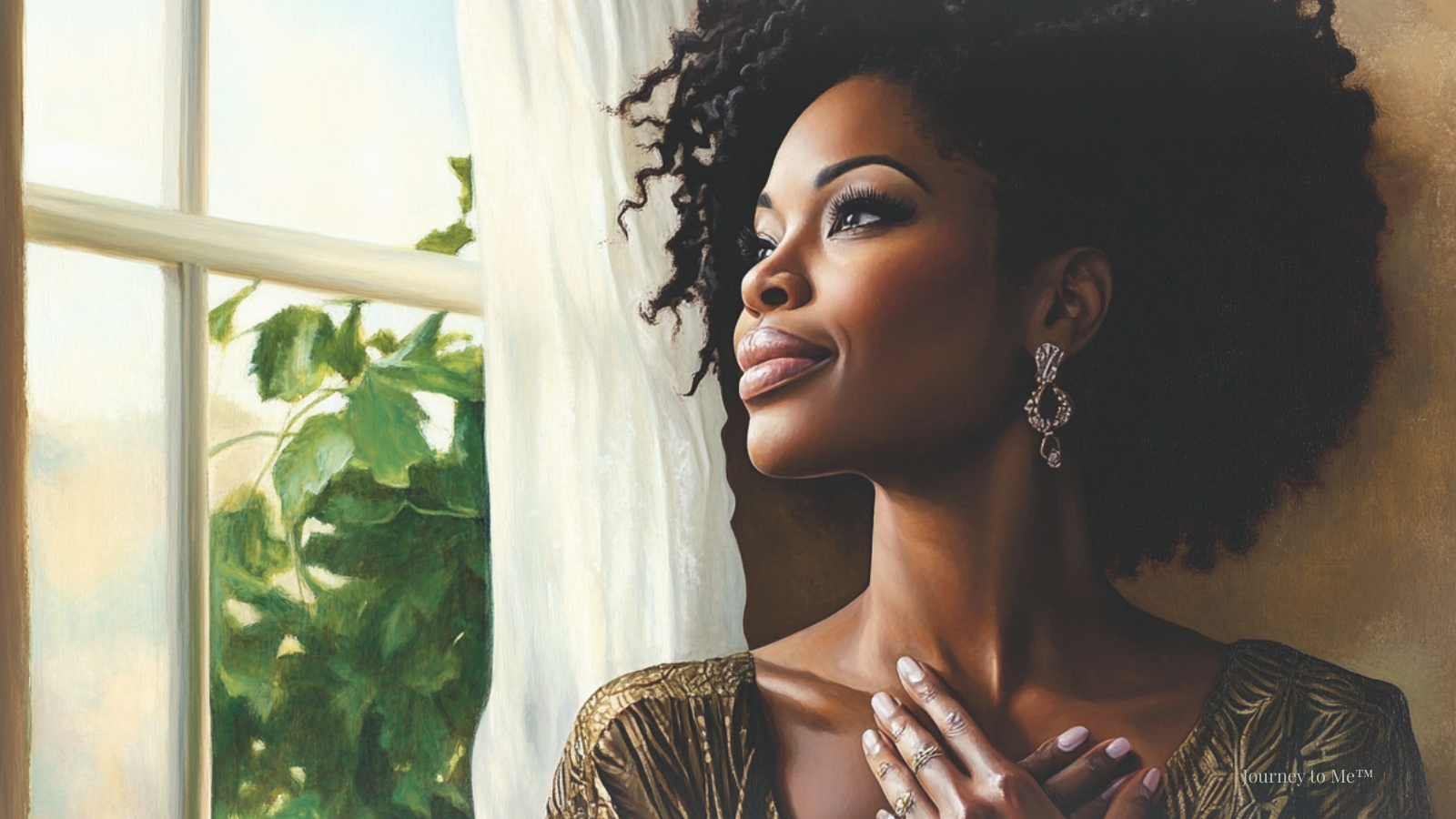 Woman gently holding her heart, standing by a window, symbolizing self-nurture and grace.