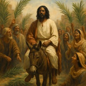 Palm branches line a dusty road leading into Jerusalem as a figure on a donkey approaches, symbolizing Jesus’ entry on Palm Sunday.
