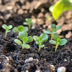 Close-up of delicate green shoots emerging from rich soil, symbolizing sacred growth, quiet transformation, and new beginnings.