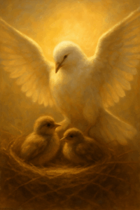 Bird spreading its wings protectively over a nest, symbolizing God's tender shelter and care.