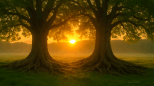 Sunrise behind rooted oak trees symbolizing steady, unseen strength.