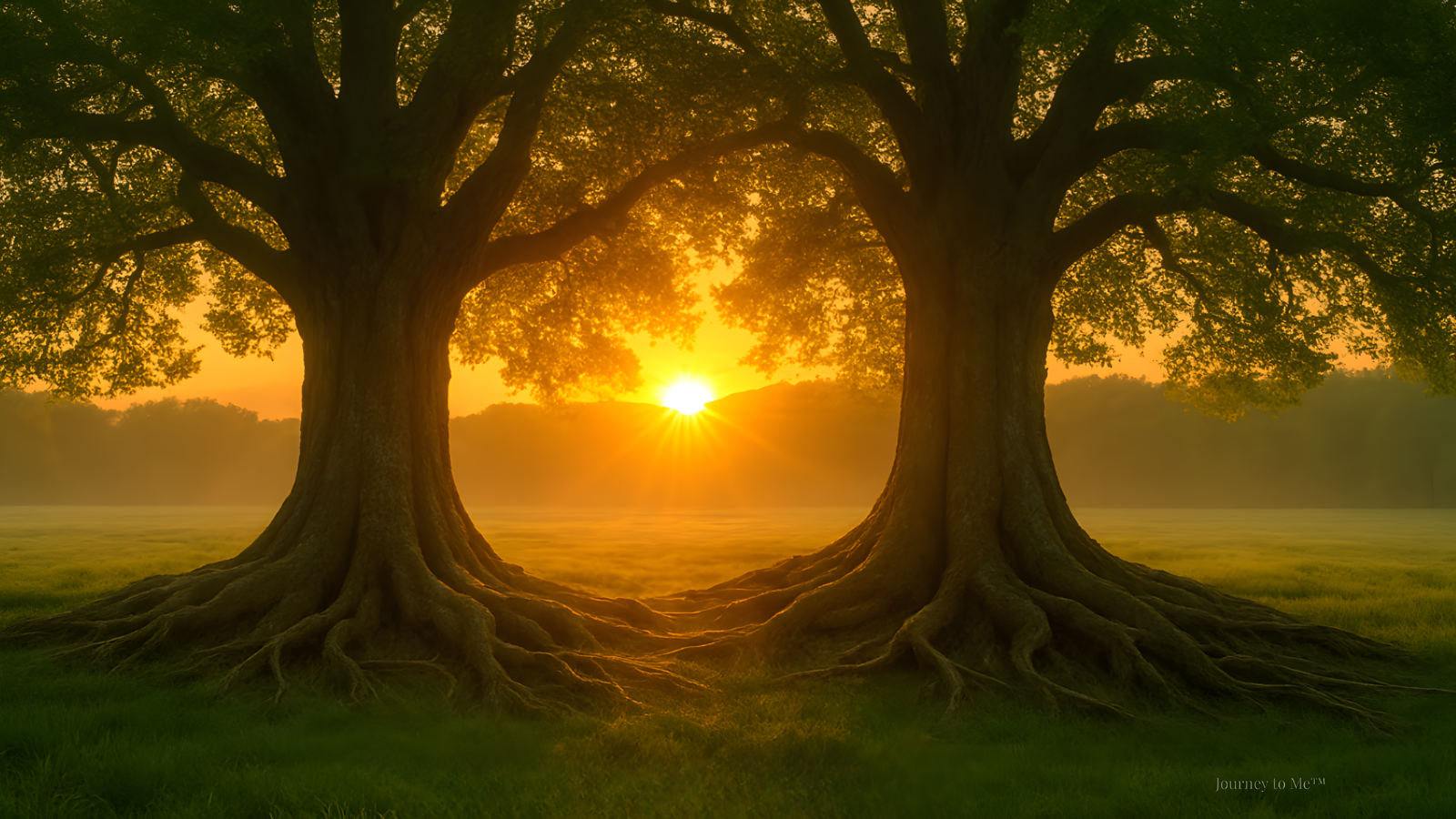 Sunrise behind rooted oak trees symbolizing steady, unseen strength.