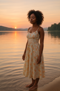A calm lake at sunrise, with soft ripples and a woman standing barefoot at the edge, eyes closed in peace