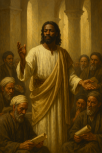 Jesus is teaching in the temple while religious leaders look on with suspicion.
