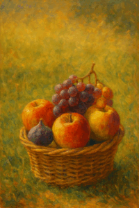 Small basket of fresh fruit in sunlit meadow, symbolizing the first fruits of spiritual growth.