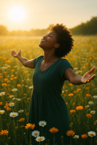 A radiant woman stands in a wildflower field with her face lifted toward the sun, arms slightly open, surrounded by golden light and blooms. A symbol of full becoming, divine transformation, and the beauty of inner growth.