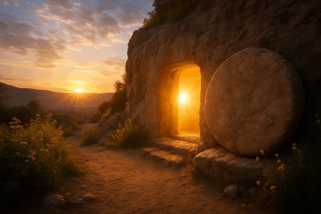 An empty garden tomb with the stone rolled away at sunrise. Light streams from the opening as dawn breaks over the hills, symbolizing resurrection and hope.