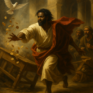 Jesus overturning tables in the temple as coins scatter and light breaks through.