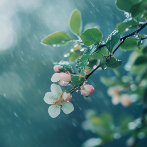 Raindrops on fresh petals and leaves, symbolizing emotional healing and growth after grief.