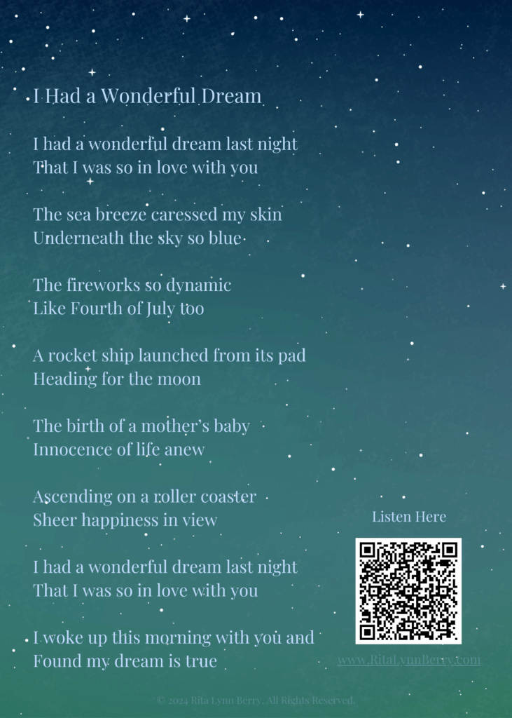 A visual poem titled I Had a Wonderful Dream by Rita Lynn Berry. The image features starry skies, the full poem text, and a QR code linking to an audio version.