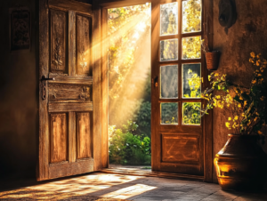 A warm beam of sunlight shining through an open doorway, casting long light into a quiet, shadowed room.