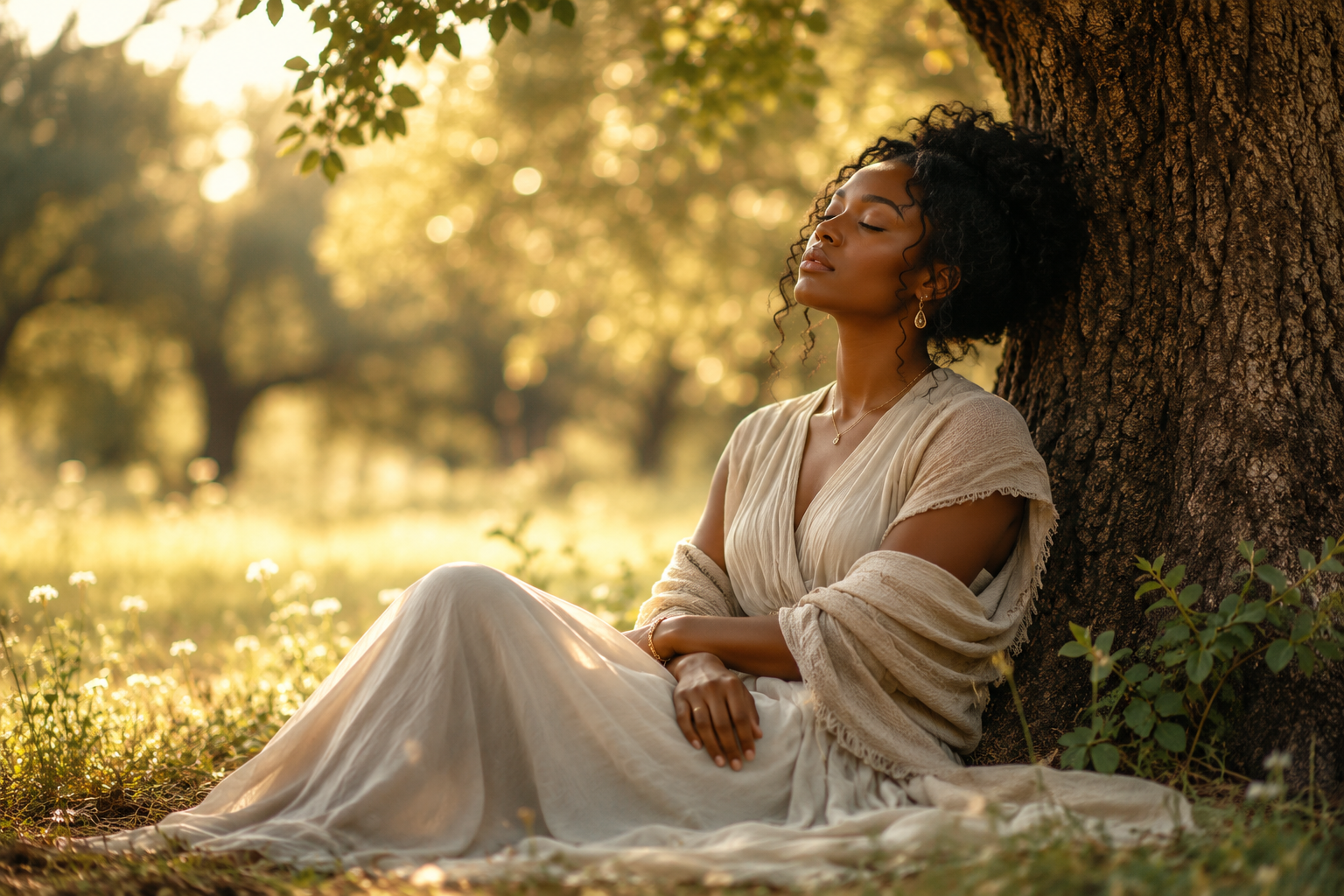 Black woman resting peacefully beneath a tree in warm golden light, wrapped in soft neutral fabric, symbolizing grace, rest, healing, and quiet strength.