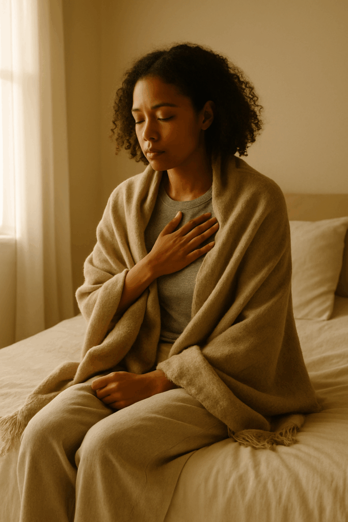 A woman seated at the edge of her bed, wrapped in a shawl, her hand over her heart in quiet reflection.