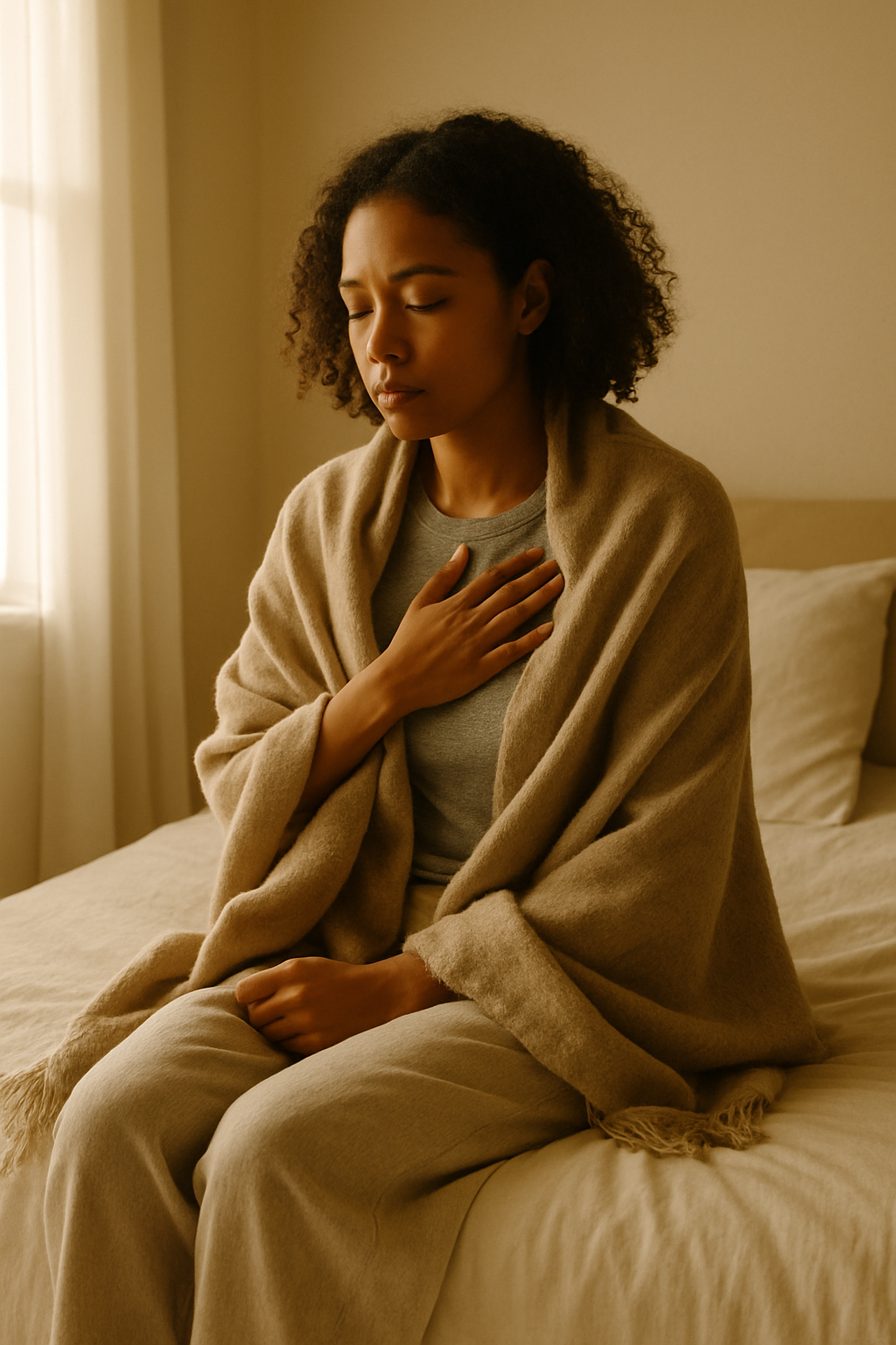 A woman seated at the edge of her bed, wrapped in a shawl, her hand over her heart in quiet reflection.
