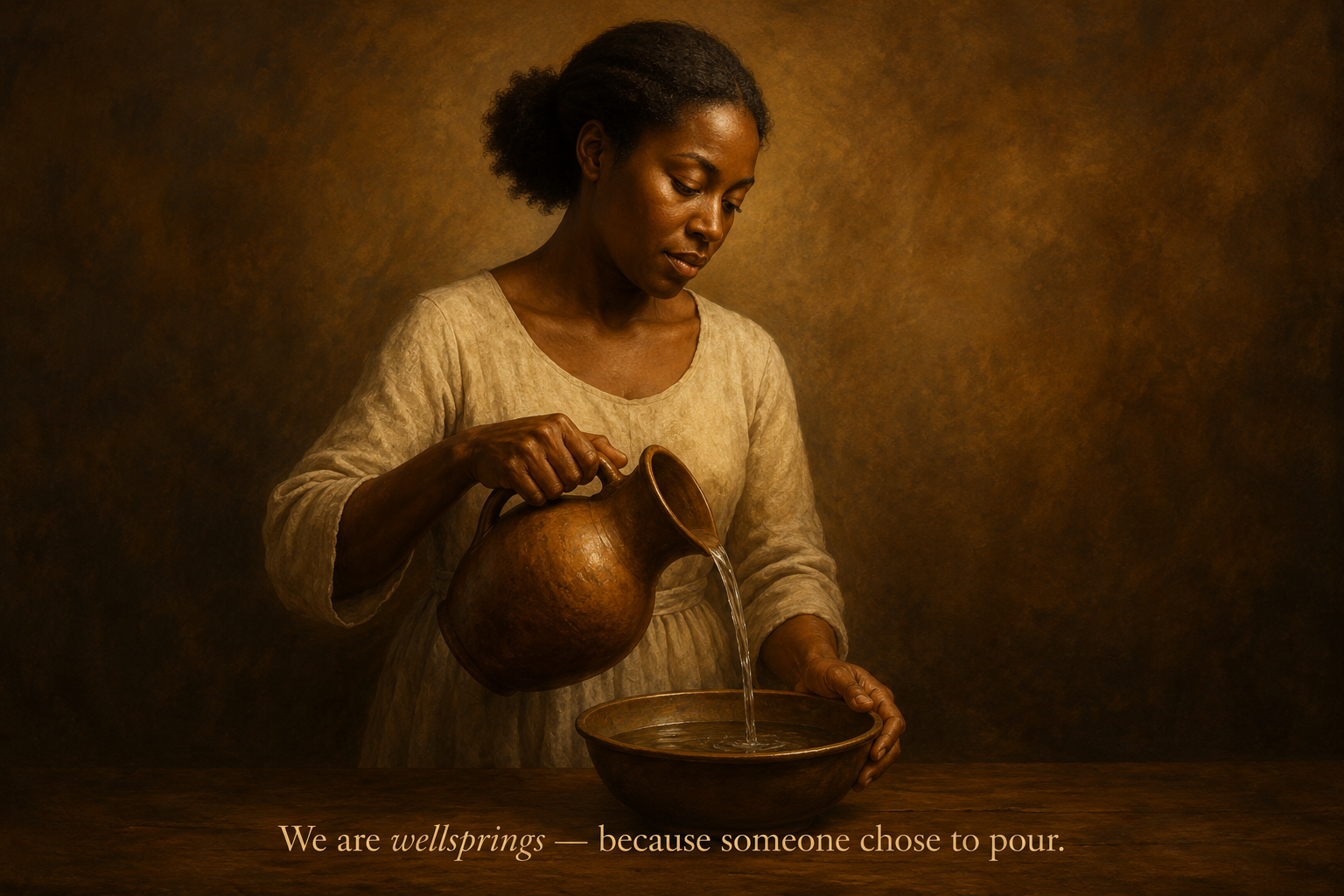 Painterly image of a Black woman gently pouring water from a clay vessel into a bowl, symbolizing nurturing love, wisdom, and sacred emotional pouring.