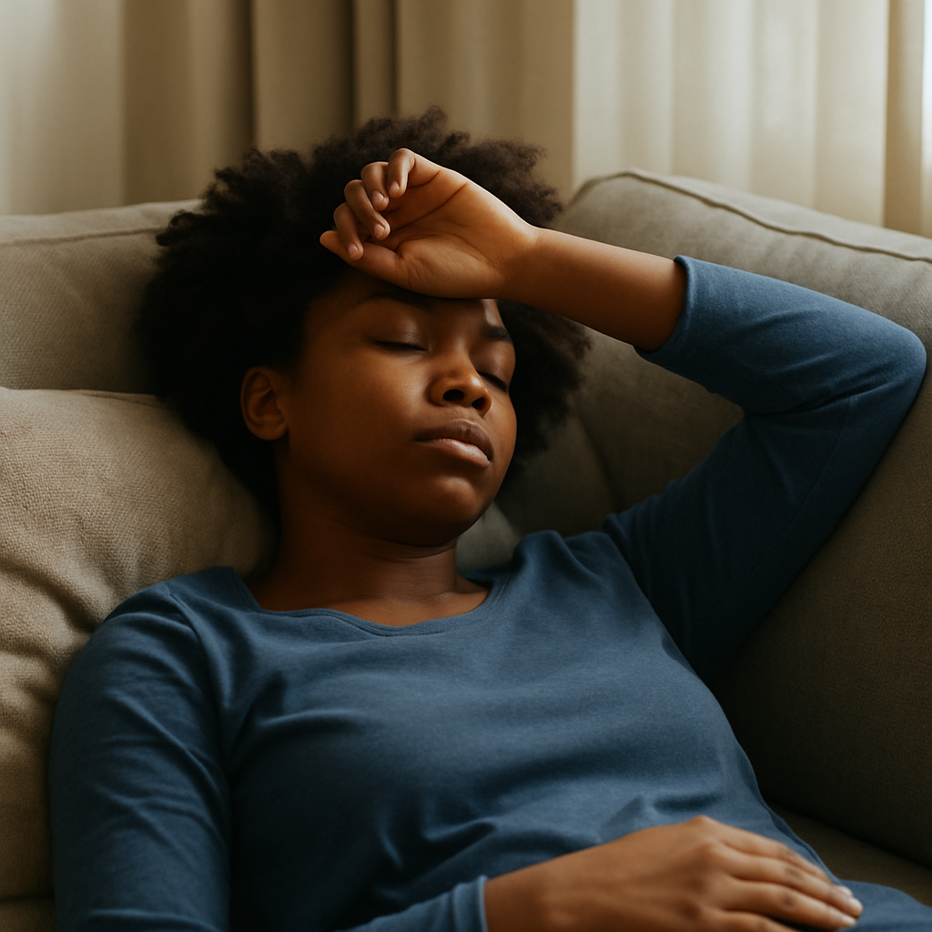 Woman lying on couch with hand over head, resting in quiet fatigue