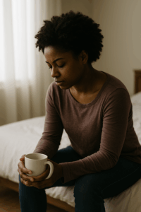 Woman sitting on edge of bed, head down, holding coffee mug, lost in thought