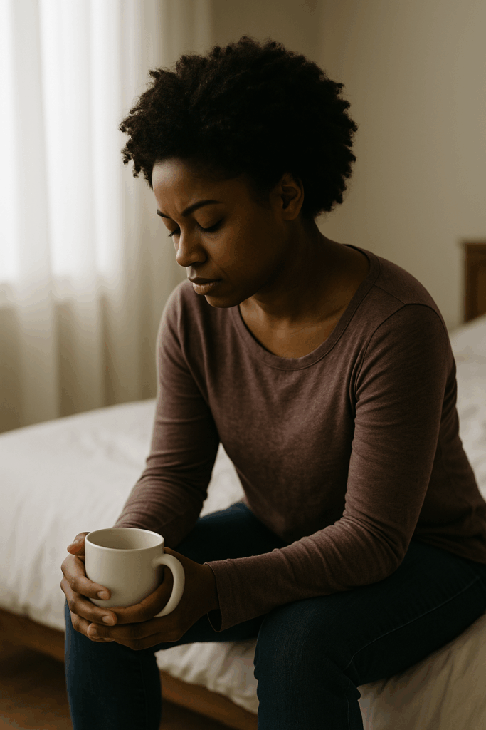Woman sitting on edge of bed, head down, holding coffee mug, lost in thought