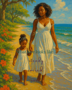 Mother and daughter in white dresses walking hand in hand along a sunlit shoreline, symbolizing love that is steady, sacred, and sure.