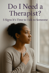 Calm image of woman looking out window, hand on heart, lost in thought
