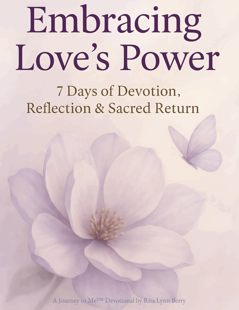 Soft purple magnolia flower and butterfly with elegant title text: “Embracing Love’s Power – 7 Days of Devotion, Reflection & Sacred Return”