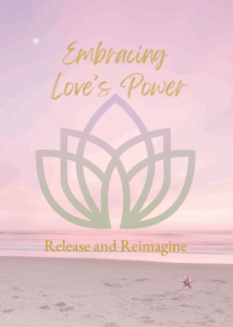 Front cover of the “Embracing Love’s Power” hardback journal featuring a golden lotus symbol and soft pink sunset over a tranquil shoreline