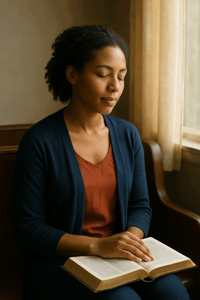 Woman sitting quietly with Bible in lap, reflecting on faith and emotional healing