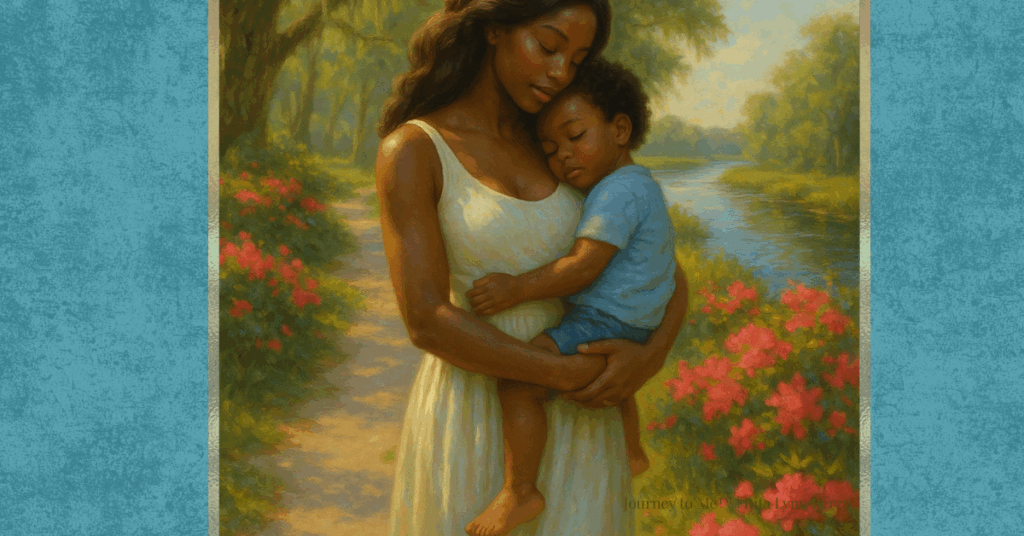 A mother cradling her child in stillness by a riverside of azaleas, reflecting nurturing love, rest, and sacred connection.