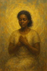 A woman sits with hands on her heart, surrounded by soft golden threads of light, symbolizing being held together by love.